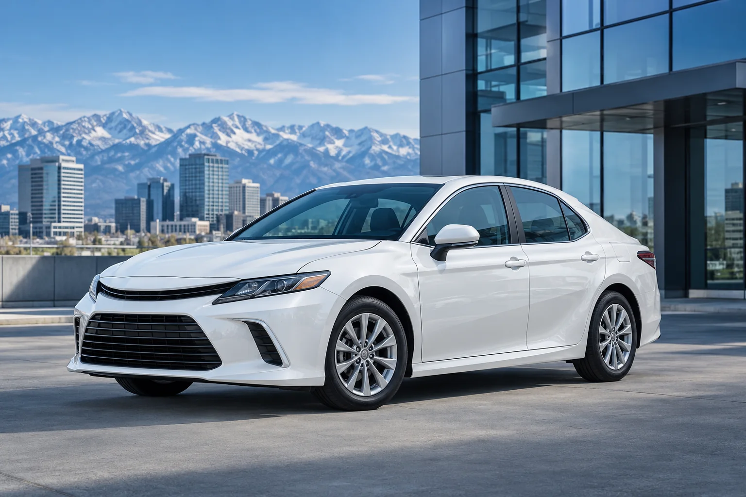 Brand illustration of a white sedan outside a modern building with mountains in the distance